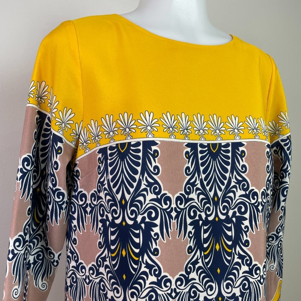 J. Crew Dress 0 Yellow Navy Blue 3/4 Sleeve Gallery Printed Shift Women's - Picture 2 of 12